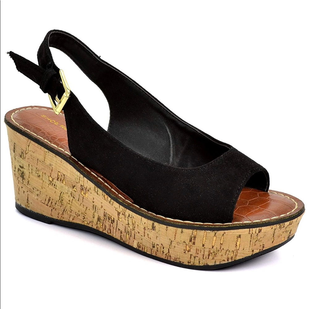 Black Slingback Peep Toe cork Wedge